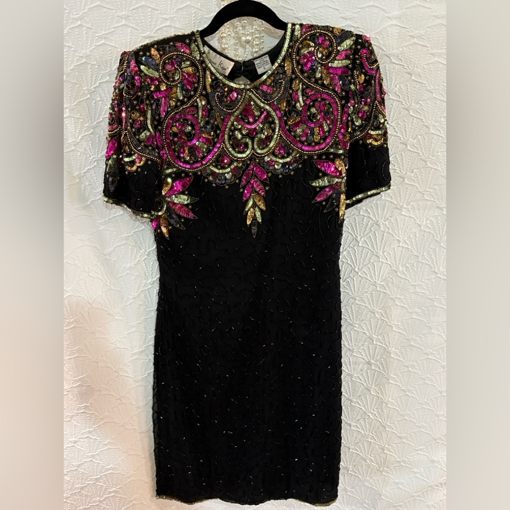 PRICE ⬇️  Laurence Kazar Black Midi Dress with Pink & Gold Embroidery